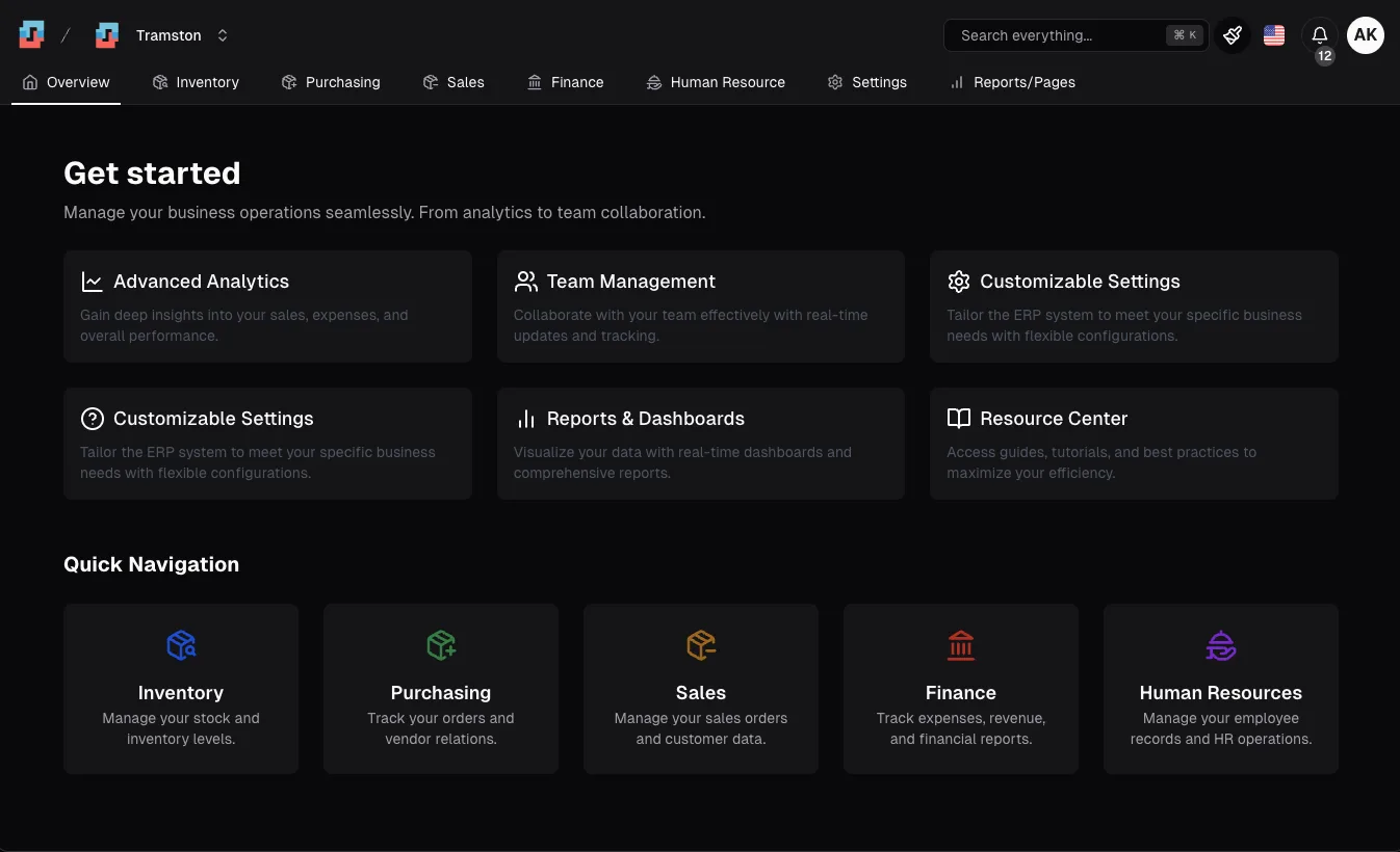 The Tramsuite ERP dashboard
